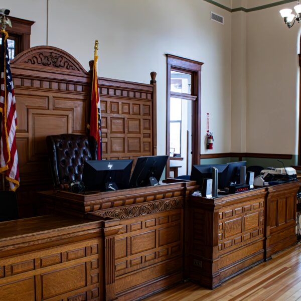 judges bench and witness stand in courtroom